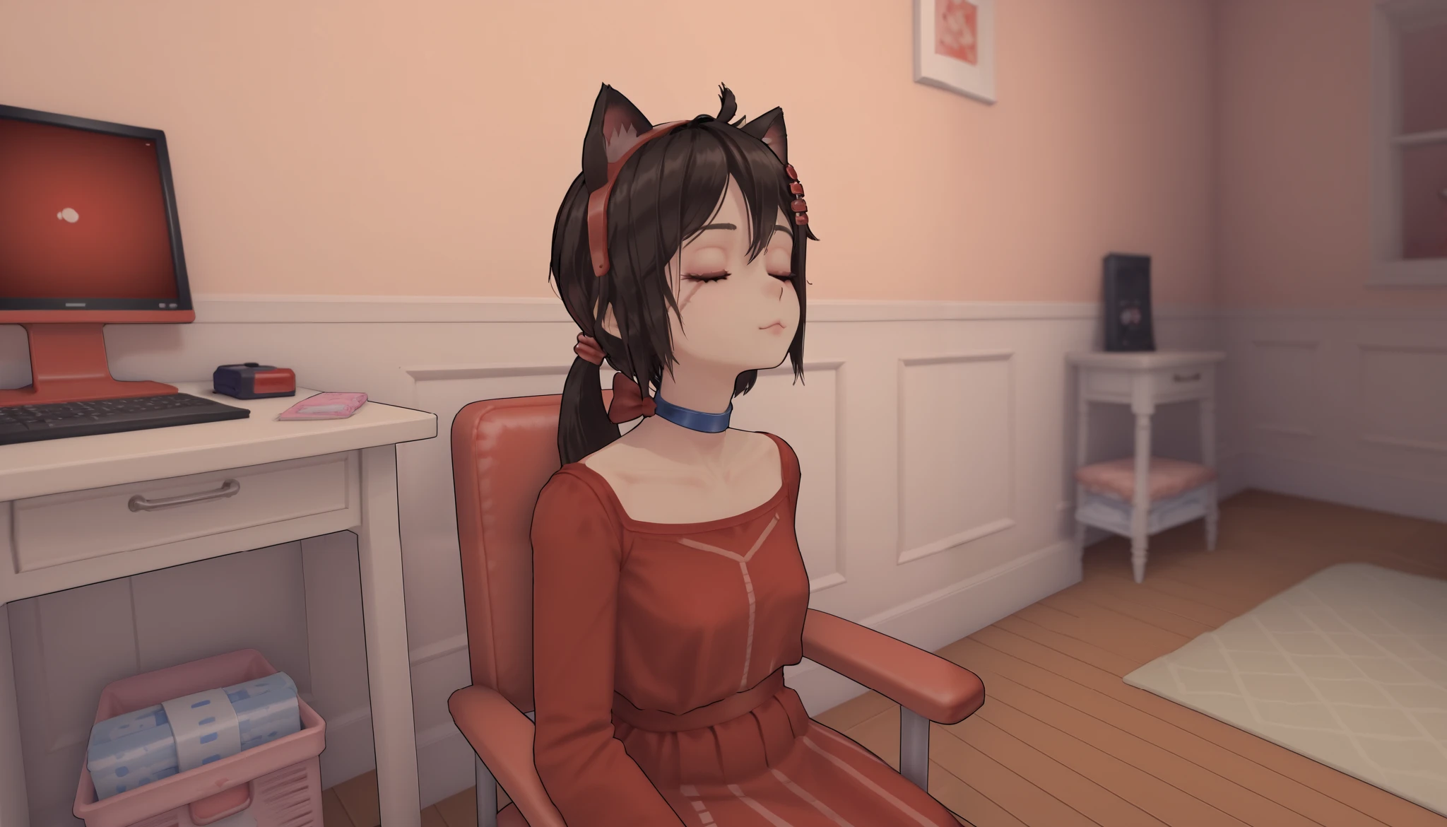highres, Hi res , the best quality, masterpiece, 3D, intricate details, 4k, coloring anime , shadow, uncensored diaper, shading, shadow, contrasting camouflage , 1 girl, Alone , feminine, short ass hair, blows, hair ornament , Love, hair between the eyes , mouth shut, cabello negro, a closed eye , antlers, red eyes, (cat ears), non-humans, scar, ,(((cat girl, cat ears)), (red eyes), ( long hair ), (( black hair, (Ahoge), straight bangs,)), (close up),(Closeup) dress, red dress, slip, choker, blue choker, cowboy shot, looking at the spectator, sitting , front visor , depth of field, red theme, horror (theme), on chair, chair, swivel chair,