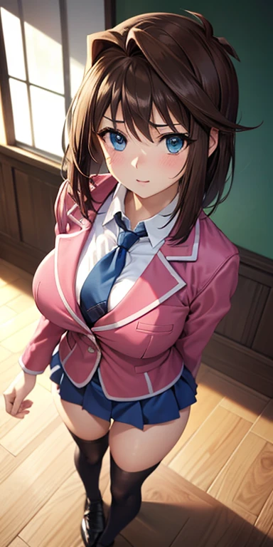 1 Female,High definition,high resolution,Ultra-realistic,8K, aamazaki, (antenna hair:1.2), blue eyes,blue bowtie, pink jacket, blazer, long sleeves, blue skirt, tight skirt, miniskirt,pleated skirt,European,sexy,Upper body close-up,Photographed from the front,Dynamic Angles,blush, medium tits, happy, wink the eye,facial, sweat,(wide thighs:1.4),(black panties),(show panties),(spread legs),(open panties),(show pussy),(open pussy)