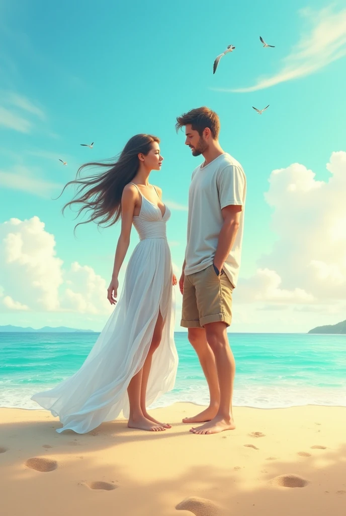 beachside，A couple，Wearing a white top --auto