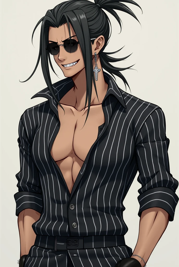 Handsome male, black hair, long hair, yellow eyes, ear piercings, detailed body, detailed hands, no shirt, wearing chest harness, black thong, black boots, arrogant look, good looking, ring on finger, big bulge in thong
