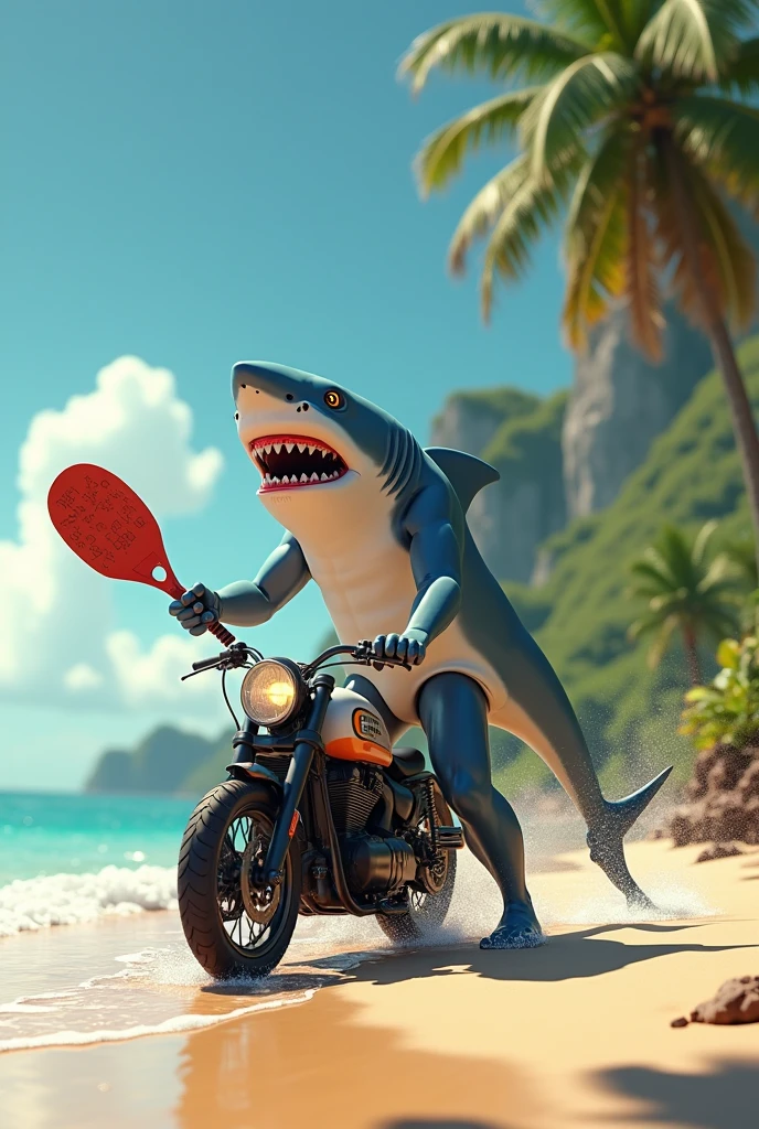 Shark Ridinga Motorcycle Realistic humanized shark playing paddel on the beach and a motorcycle ...