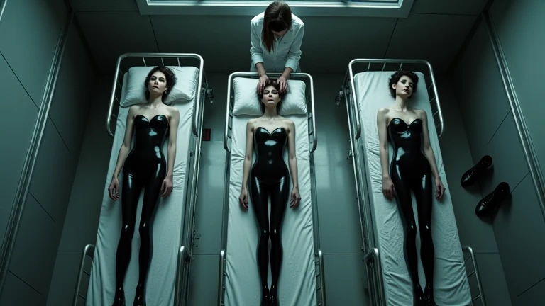 in a lab, There is a large round tank of pink slime, In the tank emerges two beautiful young adult European brown-haired women naked, She is asleep and shows her beautiful body, huge breasts, There are scientists and machines on one side,hyperrealistic quality image, There is a sign hanging that says "CLONING FACILITY", Excellent lighting, high resolution