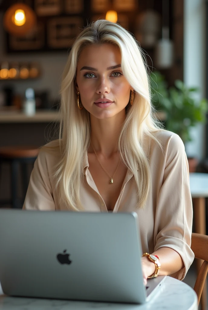 ((Long shot)) Blonde influencer with long, naturally wavy hair, medium height, has large breasts, working in her living room on her laptop, wears a white buttoned shirt, combines classic streetwear pieces, sandals, with high-quality accessories, like as a designer of luxury bags or watches, to create a modern and elegant look, eye-catching, 8k, super detailed, realistic, details Intricate, realistic skin texture, realistic hair, texture, fun, 8k uh, best quality, high resolution , attention to detail , very big breasts, big ass, lush ass, long range, wide angle