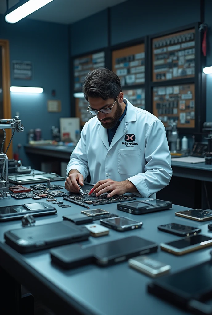 Create an image that has to do with cell phone repair and technical service and that says helios technology