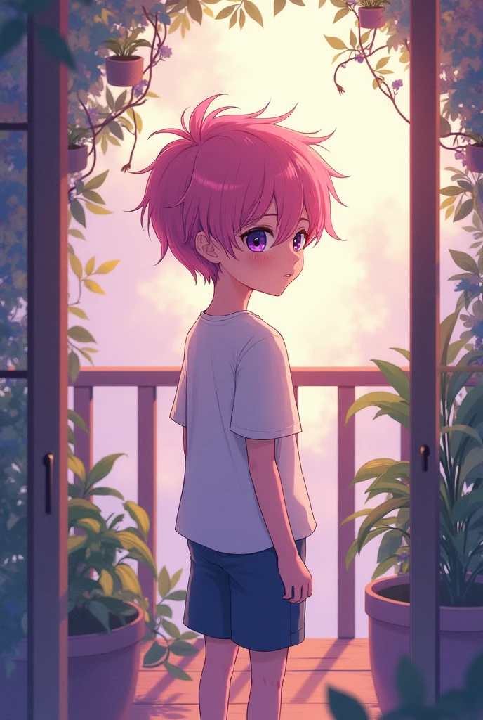 Beautiful little boy with blue eyes and pink hair the scenery of beautiful bright stars with blurred background he is holding a lollipop with his hands