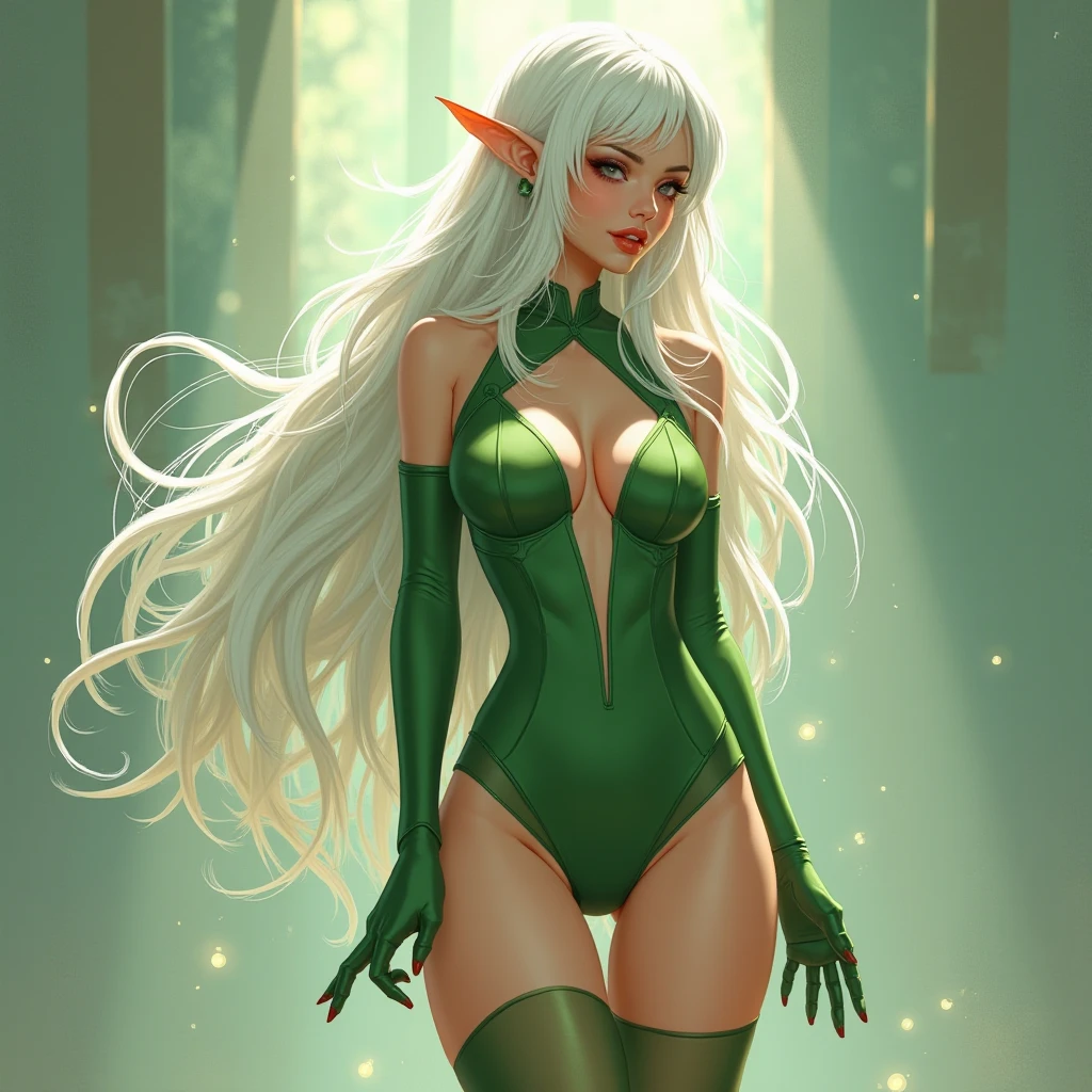 a portrait of a elf girl with freckles and bright striking blue eyes posing for a photo full body shot, bare shoulders, muscular, fit, defined abs, thongs, (prominent cameltoe) white freckles, long flowing green hair flying, glowing radiance, beautiful pale makeup, color portrait, stunning portrait, elegant freckles, wearing black thongs with glowing runes of power, black gloves, star-shine, gold dust spread across her skin and her face, (dark, hyper-realistic photos (((portrait))) refraction ,Dark background of magical night forest, deep woods, towering ruins, starlight skies