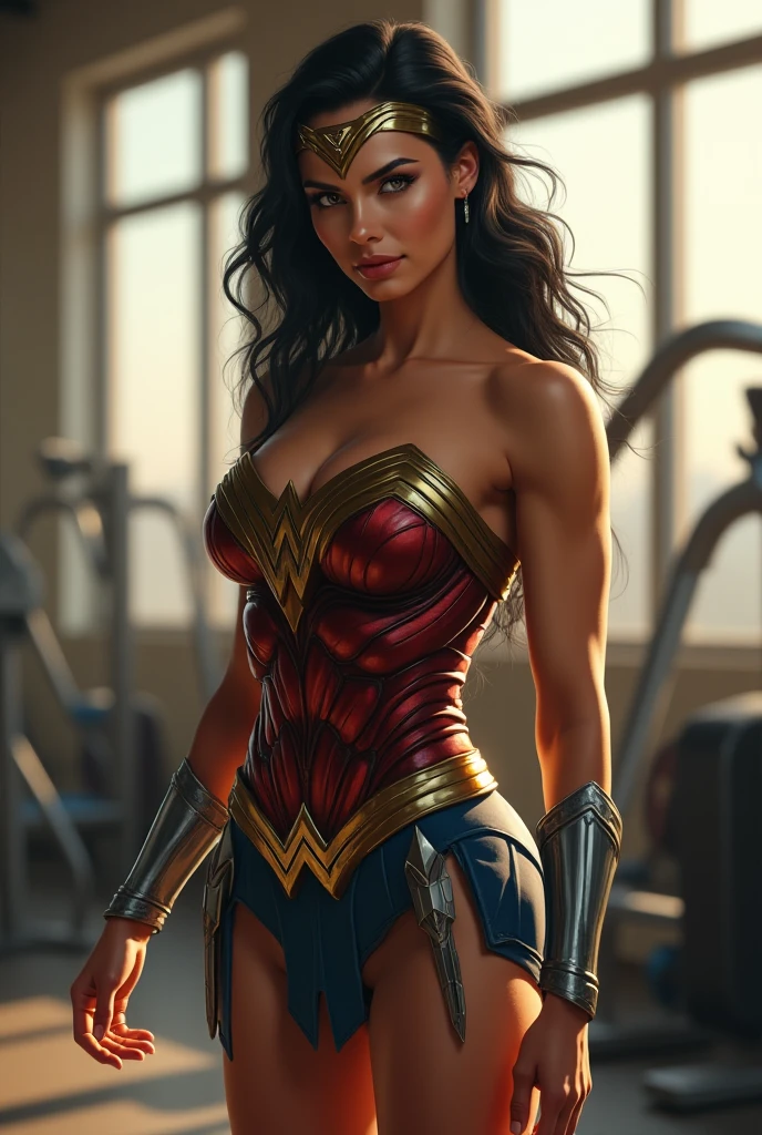 Foto de (gal gadot), ((Mulher-Maravilha realista)), 8k, Hero costume, ((corpo musculoso feminino)), realista, foto, volumeric lighting, altamente detalhado, , fotorrealismo, alto detalhe, ((fisiculturista)), (((Lifting Weight Weight Bodybuilding)))