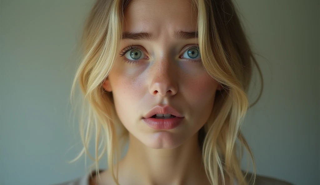 In the close-up image, a beautiful twenty-year-old girl with a fair complexion is captured in a moment of shock. Her long, straight blond hair cascades down her back, contrasting elegantly with the simplicity of her white sleeveless dress. Her hazel eyes, wide with surprise, are the focal point of the photo, reflecting a mix of emotions. The delicate features of her face, framed by her hair and dress, enhance the intensity of her shocked expression.