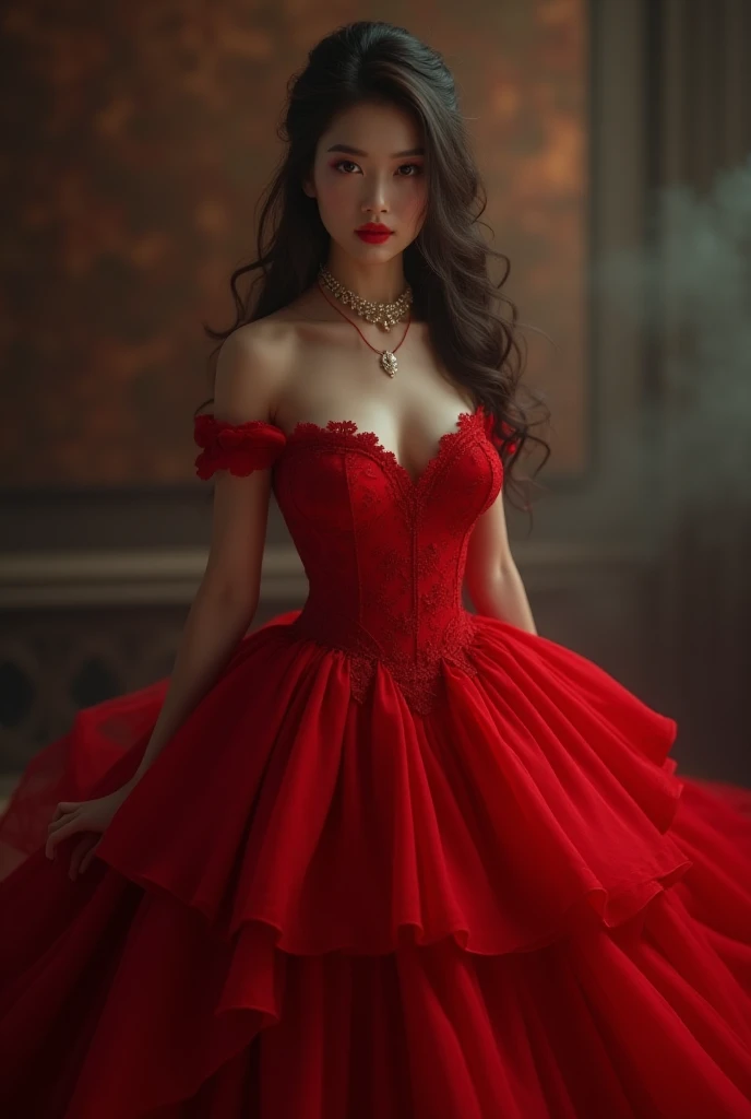 Woman with all red dress, long brown hair, white skin and in a castle