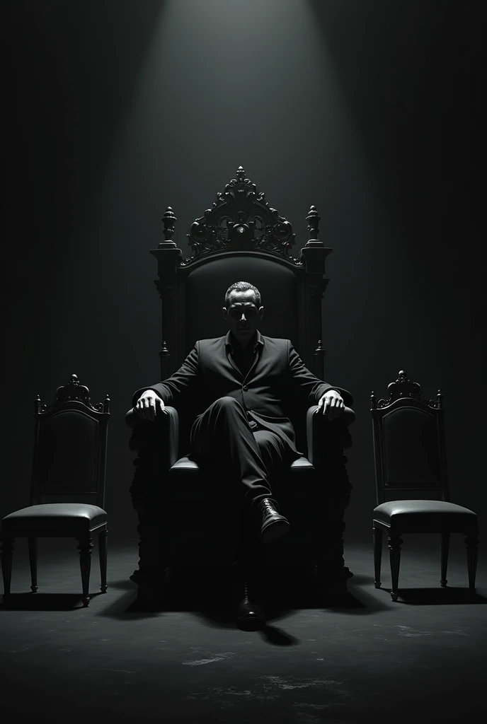 A ( handsome man , black suit , Magical glowing blue eye, sitting on a chair like king , look so cool and dark background
On the floor many girls lying in sexy dress in front of the man
