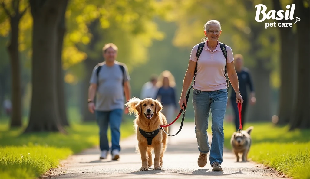 A happy Golden Retriever wearing a Basil No-Pull Dog Harness, walking calmly beside its owner on a beautiful park pathway. The owner looks relaxed, holding a leash with a smile. In the background, other pet parents are struggling with leash-pulling dogs. The Basil Pet Care logo is subtly visible in the top corner of the image, making it feel like a branded, professional ad