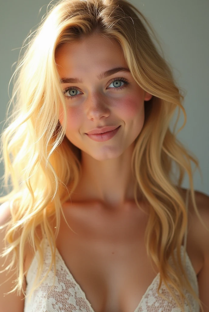 A white girl, blonde with blue eyes. She wears pink lingerie. Medium boobs and big ass. Rosy cheeks and a smile. round face