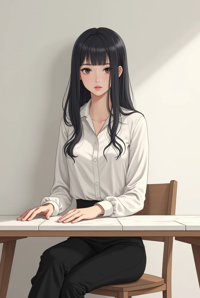 Une fille aux cheveux noirs porte un pantalon noir et une chemise blanche et s’assied sur une chaise devant elle, une table surmontée d’un carreau blanc
