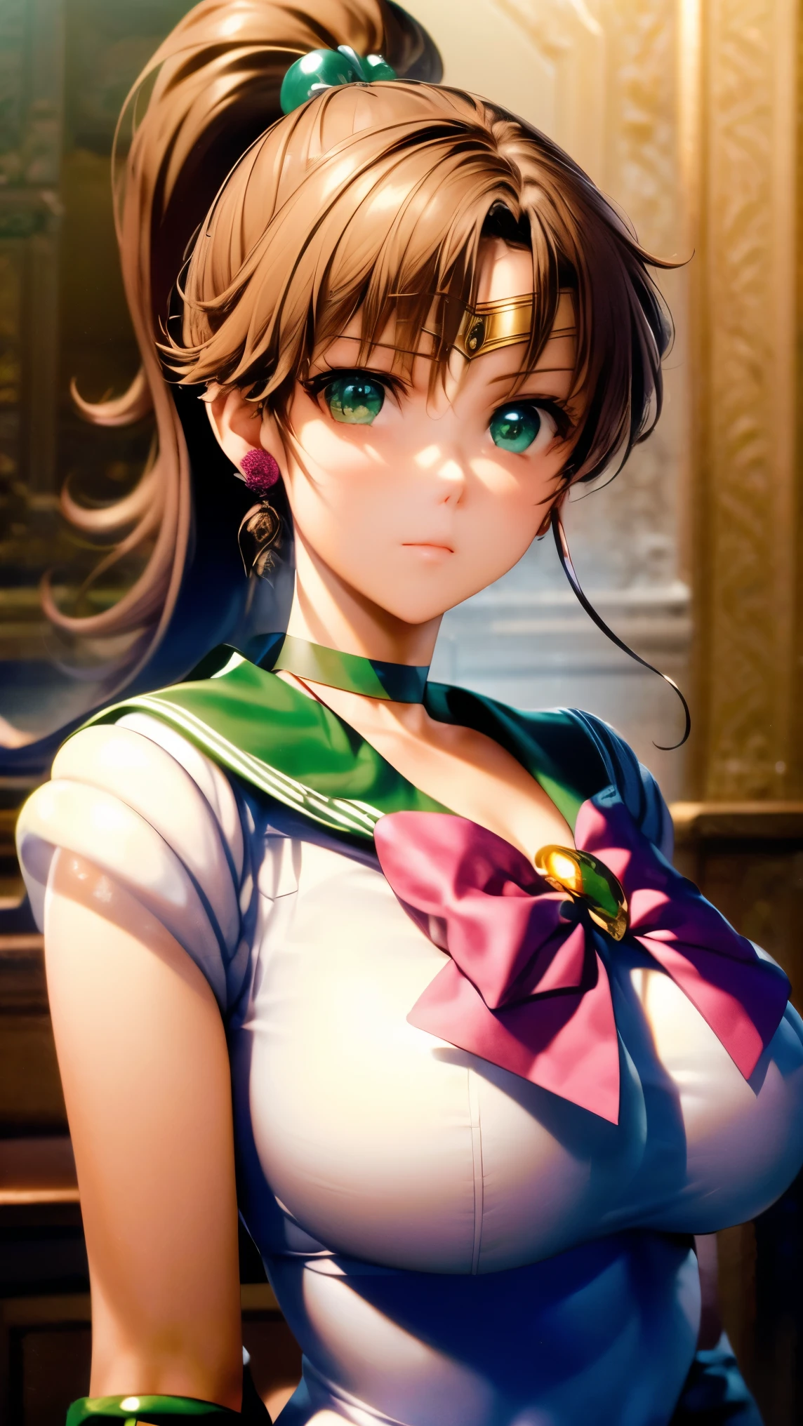 (masterpiece:1.2), best quality, high resolution, unity 8k wallpaper, (illustration:0.8), (beautiful detailed face:1.2, beautiful detailed eyes:1.2), perfect lighting, extremely detailed CG, (perfect hands, perfect anatomy), (realistic:1.3),

Cute, beautiful, charming lady, shiny hair, lustrous skin, beautiful light big eyes, 

big breasts, milf, married woman, soft With a gentle appearance and a gentle mother-like atmosphere,
A priestess, a beautiful and innocent priestess, wearing a priestess dress, pure white and divine priestess clothes,

jupiter_a, tiara, sailor senshi uniform, green skirt, green sailor collar, pink bow, knee boots, green choker, white elbow gloves, jewelry, earrings,