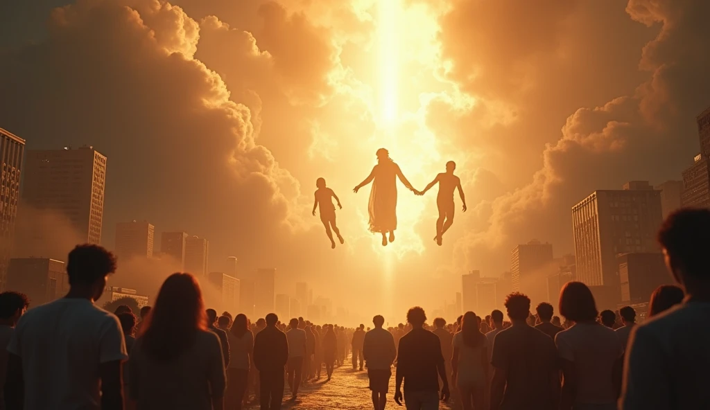 The image is divided into two clearly differentiated sections. In the upper part a sky illuminated by a celestial and divine light is observed, with white clouds that seem to move gracefully.
In the center of this upper section, a celestial figure is glimpsed, perhaps an angel or a representation of Jesus Christ, with a luminous and radiant appearance. Extending their arms, this figure appears to be lifting or "Abducting" to a group of people who are rising towards heaven.
These people, who appear to be faithful Christians, are in different positions and attitudes. Some have their arms extended upwards, with expressions of amazement and adoration on their faces. Others seem to be "Lifted" From the ground, while some are kneeling in prayer.
The lower section of the image presents a marked contrast. Here a terrestrial landscape is observed, with buildings, cars and people who remain on the ground, unaware of the event unfolding above.
These people terrestres, that possibly represent those who do not belong to the Church or have not been "Abducted", look up with expressions of surprise, confusion or even terror. Some seem to be in a state of panic, running or trying to understand what is happening.
The lighting in the image plays a crucial role. The upper section is bathed in a warm, celestial light, while the lower section is in a darker and more earthly gloom. This difference in lighting emphasizes the division between the sacred and the mundane, the spiritual and the physical.