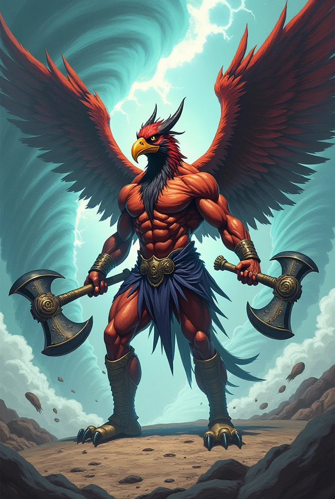 8k、Highest quality、Japanese taste、Horror、Standing on a mountain towering into the sky、Tengu、Red body human、Muscular body、Scary expression、Black Feather、Japanese Yokai