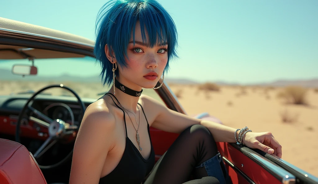 Hollywood action movie cinematic film still of pretty punk woman with a choker with messy and short black hair, blue eyes, detailed eyes, detailed pupils, strong cateye makeup, film grain, glossy wet lips, Nikon Z9, realistic matte skin, skin texture visible, (sharp focus), (high quality), <lora:valkyrae_40_50_045_06:1.2>