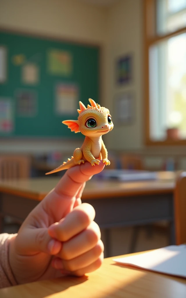  photorealistic in the classroom during breaks, 34k, A little baby dragon perched on a human finger