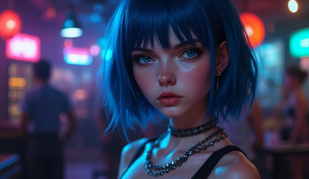 A girl with white skin and a little freckled ,  her eyes are light blue almost bright ,  has her hair painted dark blue, the forehead is visible, the hair is short to the neck and smooth ,  the hair goes through the back of your left ear that Let's see a shiny silver earring ,  he wears a black tank top a little above the navel ,  a very short blue denim shorts and underneath a long panties that cover both legs the panties are transparent black , She wears long black boots up to before her knees from the bottom ,  her eye makeup is deep black ,  her eyebrows are blue too ,  her lips are painted in a soft red color ,  he wears bracelets on his right hand ,  and at the waist above the shor a very thin decorative chain .  She is inside of a night club 

