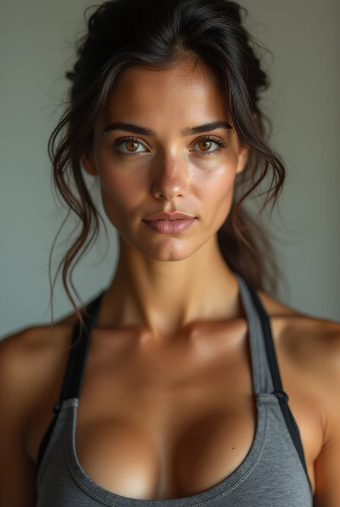 (Photorealism:1.2), an average woman, dirty white tank top, 40 years old, portrait, ponytail haircut, frontal, neutral facial expression, high resolution, 4K, UHD, high detail skin Texturen, no makeup, neutral background