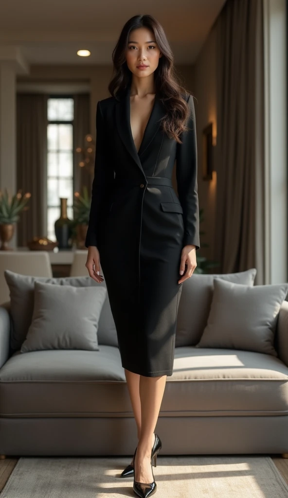 latina woman,30 years old,posing in living room, professional outfit, high-heels , large breast ,rich colors,deep shadows,bright highlights,highres,best quality,8k,ultra-detailed,realistic,photorealistic,photo-realistic:1.37,masterpiece:1.2,extremely detailed eyes and face,longeyelashes,volumetric lighting,cinematic atmosphere,chiaroscuro,dramatic lighting