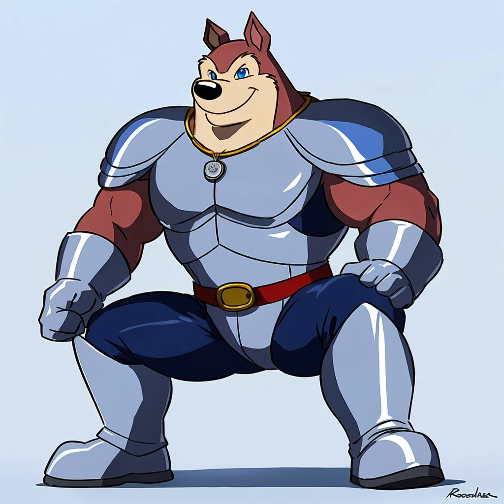 Exiles ( Road Rovers ), Pink fur, Light pink fur, human, Pointed ears, , alone, whole body , Muscle , Pectoral ,(pig), red collar, coins, pet tags , high quality smile, best resolution, Cell shade, ( blue eyes, fine eyes):1.1, Silver uniform , Silver Armor, silver gloves, Silver boots, Red Belt , white background, No Background , stance, looking at the camera , by wfa , by rossciaco , by Taran Fiedler , pointing