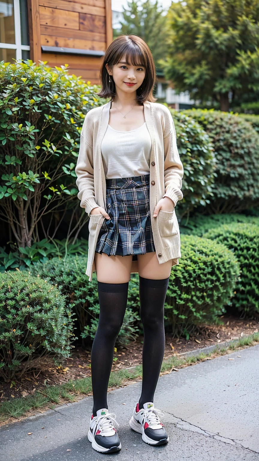 (high quality, High resolution, Very detailed, Realistic:1.37), (Full body pose)、(Full body photo of the girl:1.5)、Peaceful atmosphere, (Plein Air, garden)、 ((Big twin tails、Big scrunchies))、((Sit on a bench))、18 year old high school girl、B cup、Beautifully detailed features, Cute Smile, (Brown Hair), (Casual clothing), (Tight sweater)、(cardigan)、(Checked mini skirt), (black tights)、(tight round ブーツ:1.3)