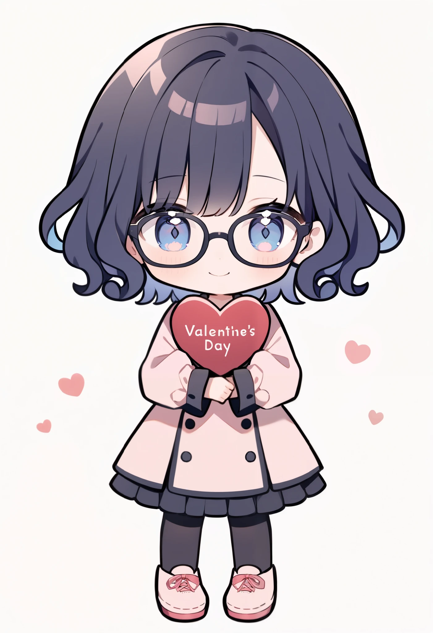  girl， 1 person,  chibi,   pastel color , smile、Glasses、  dark blue hair,   short hair ,  curly hair、  Long Sleeve 、 stand straight and face the front with curly hair and elbows 　shoes　  Valentine's Day 　、 has a white background