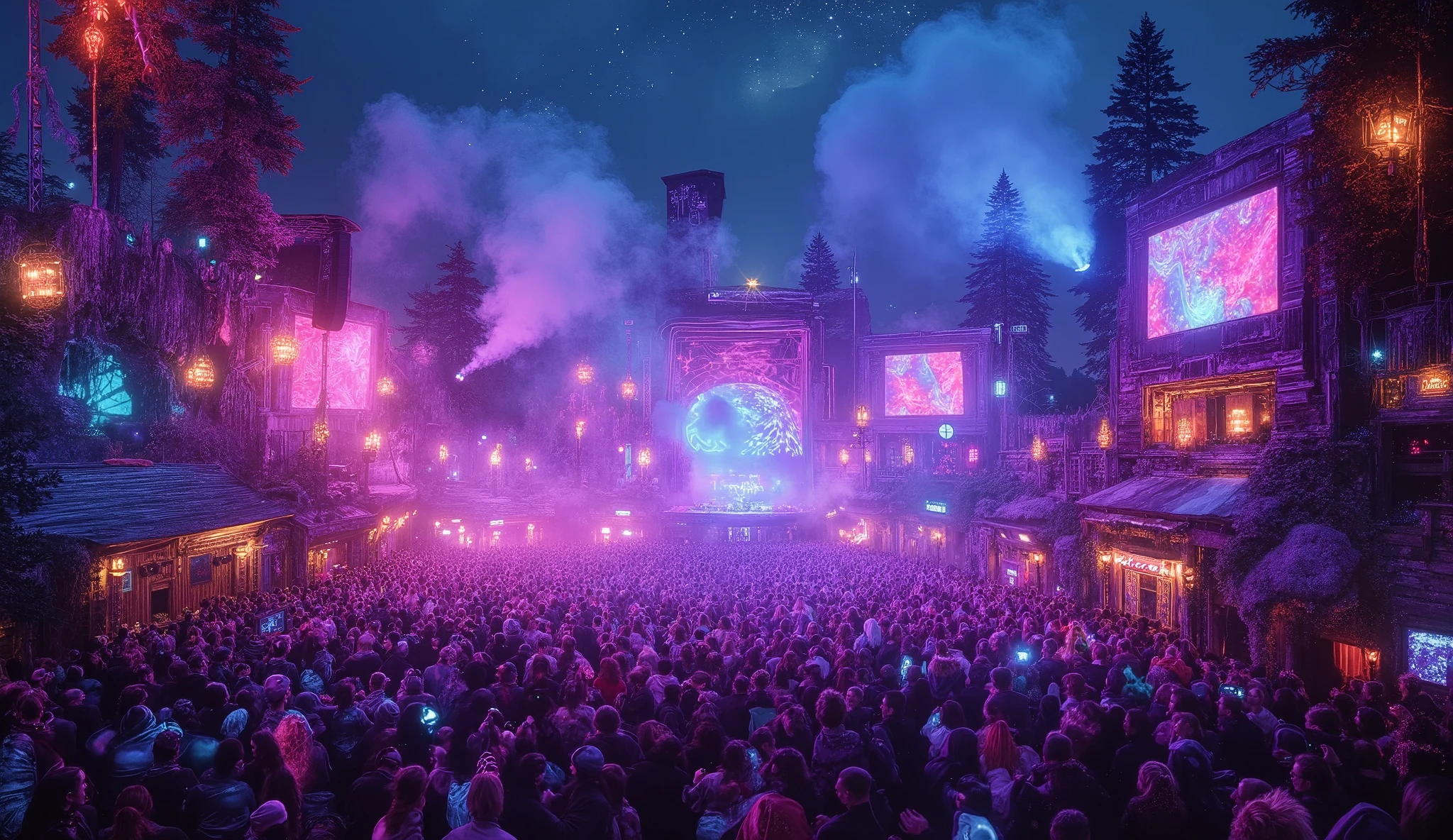 A wild rave in Norway’s stunning wilderness, where neon lights, fog, and art deco decorations light up the dark forest. The crowd is ecstatic, dancing to high-energy disco music, surrounded by giant speakers and colorful lights. Nordic women, with striking beauty and wild energy, move to the beats. The DJ is playing from a stage built into the rocks, surrounded by pulsating lights. Nature is alive with the sound of the music, and the atmosphere is electric, with the stars above adding to the psychedelic vibe. The entire night pulses with life and sound. Hyperrealistic, 8K, cinematic lighting, photorealistic.
