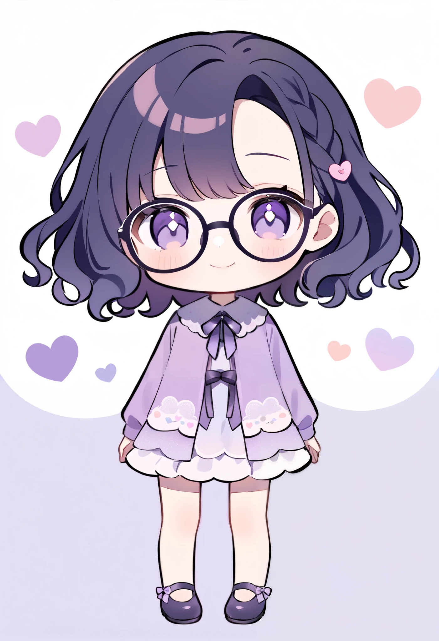 girl, 1 person, chibi, pastel color , smile、Glasses、 dark blue hair, short hair , curly hair、 Long Sleeve 、 stand straight and face the front with curly hair and elbows shoes Valentine's Day 、 purple clothes 、 has a white background