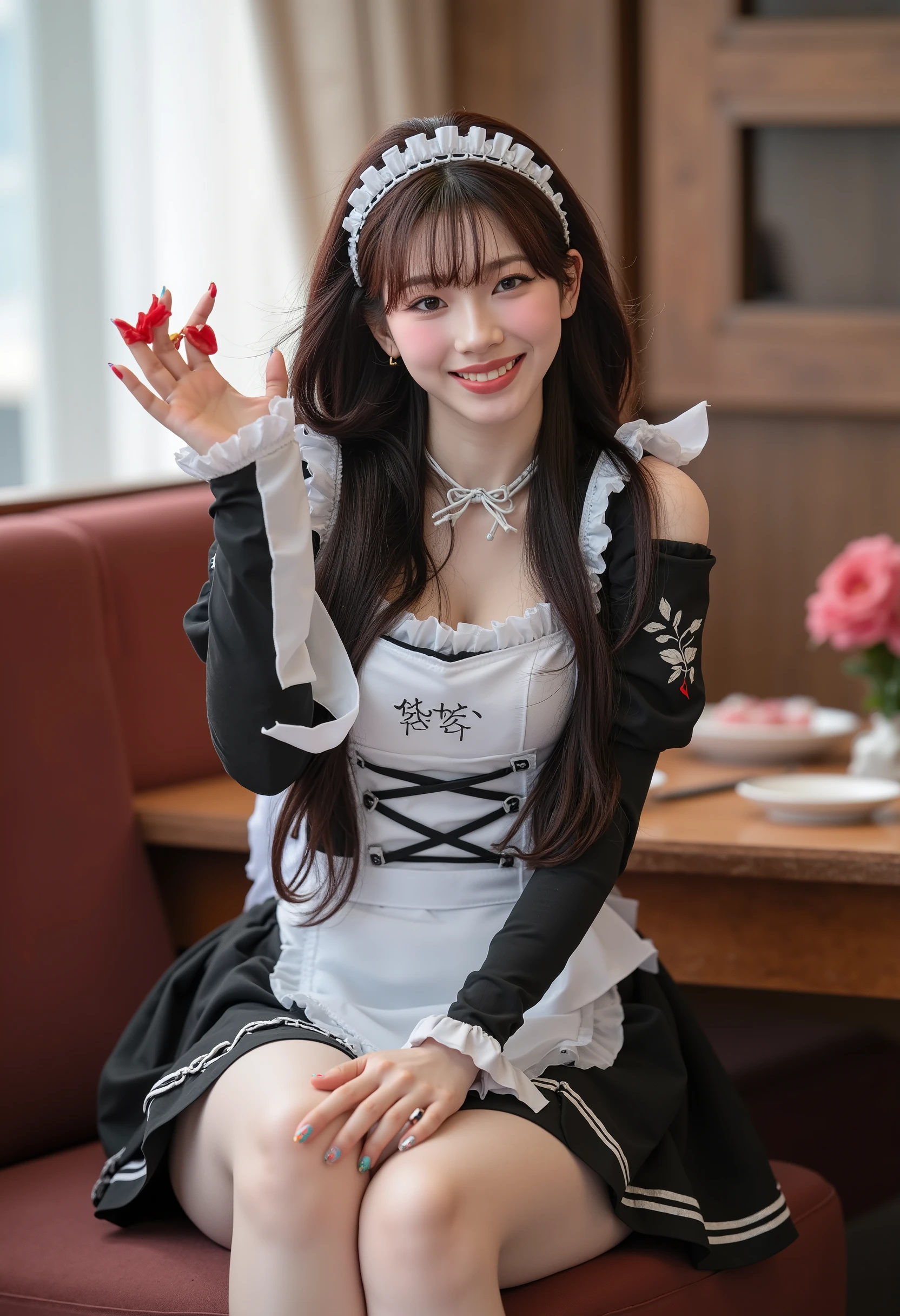 korean woman in maid uniform (Probability 0.8) Long hair, flowing, sitting confidently with a smile full of laughter, fully dressed in a curve-hugging outfit, she feels sweet like a Sugar Babe, photographed in ultra-high resolution. (uhd) The image is incredibly realistic, with intricate details that appear almost three-dimensional. The provocative atmosphere is palpable as she poses and invites the audience to indulge in her radiating charm.