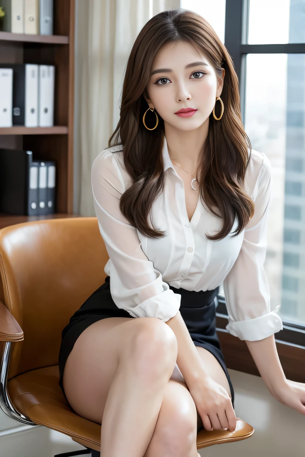 a 30 year old face of the most beautiful actress in the world, the perfect body proportions of a female, tight blazer is worn with formal shirt on female upper body, female crotch between opened legs under short skirt, sitting on chair of the city, nsfw, best quality, highly detailed, masterpiece, ultra high res, photo realistic, 8k