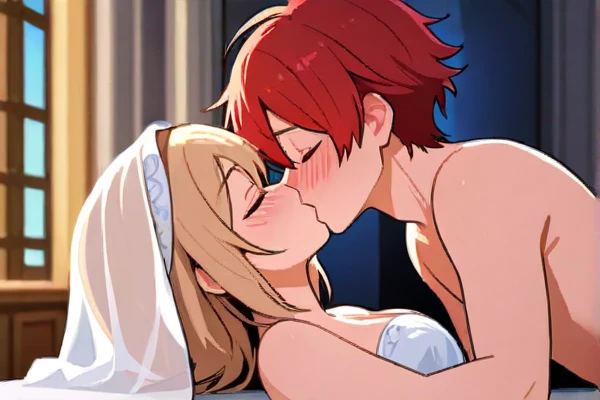 Beautiful 23 year old large blonde woman in lingerie, pubic hair, in a softly lit bedroom on a cozy bed and warm flowers, sex with little 7 year old redheaded son in pajamas. small 7 year old boy inserts penis into woman's crotch, a little boy, Cute, passionate