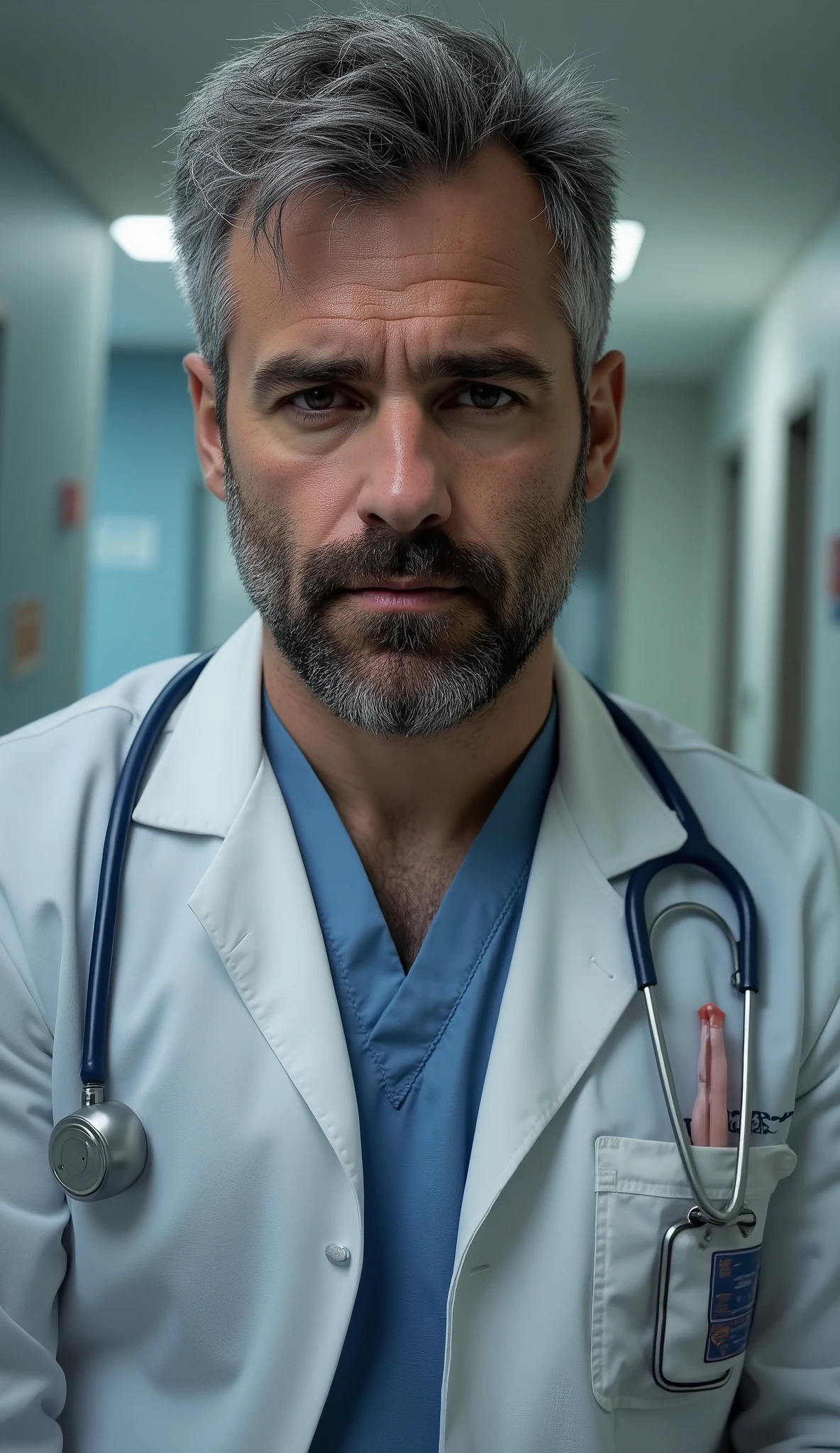 masterpiece, best quality, high resolution,  portrait, male focus, solo focus, A man, 35 years old, with doctor uniform, doctor suit, medicine doctor, very detailed realistic skin texture, slightly grey hair, messy hairstyle, cute and seductive face, bare chest, body hair, facial hair, roman nose, scruffy, hairy abs, scruffy,  skinny body, hairy legs, dimples, beard, bold jawline , in the background a hospital doctors office,  view from below, amazing composition, front view, HDR, ultra quality, elegant, highly detailed