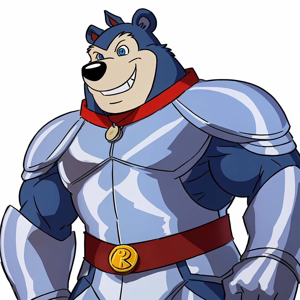 Exiles ( Road Rovers ), Blue fur, White fur, human, Pointed ears, , alone, whole body , Muscle , Pectoral ,(bear grizzly ), red collar, coins, pet tags , high quality smile, best resolution, Cell shade, ( blue eyes, fine eyes):1.1, Silver uniform , Silver Armor, silver gloves, Silver boots, Red Belt , white background, No Background , stance, looking at the camera , by wfa , by rossciaco , by Taran Fiedler , pointing