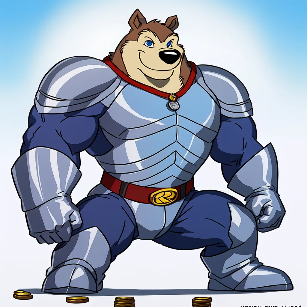 Exiles ( Road Rovers ), Blue fur, White fur, human, Pointed ears, , alone, whole body , Muscle , Pectoral ,(bear grizzly ), red collar, coins, pet tags , high quality smile, best resolution, Cell shade, ( blue eyes, fine eyes):1.1, Silver uniform , Silver Armor, silver gloves, Silver boots, Red Belt , white background, No Background , stance, looking at the camera , by wfa , by rossciaco , by Taran Fiedler , pointing