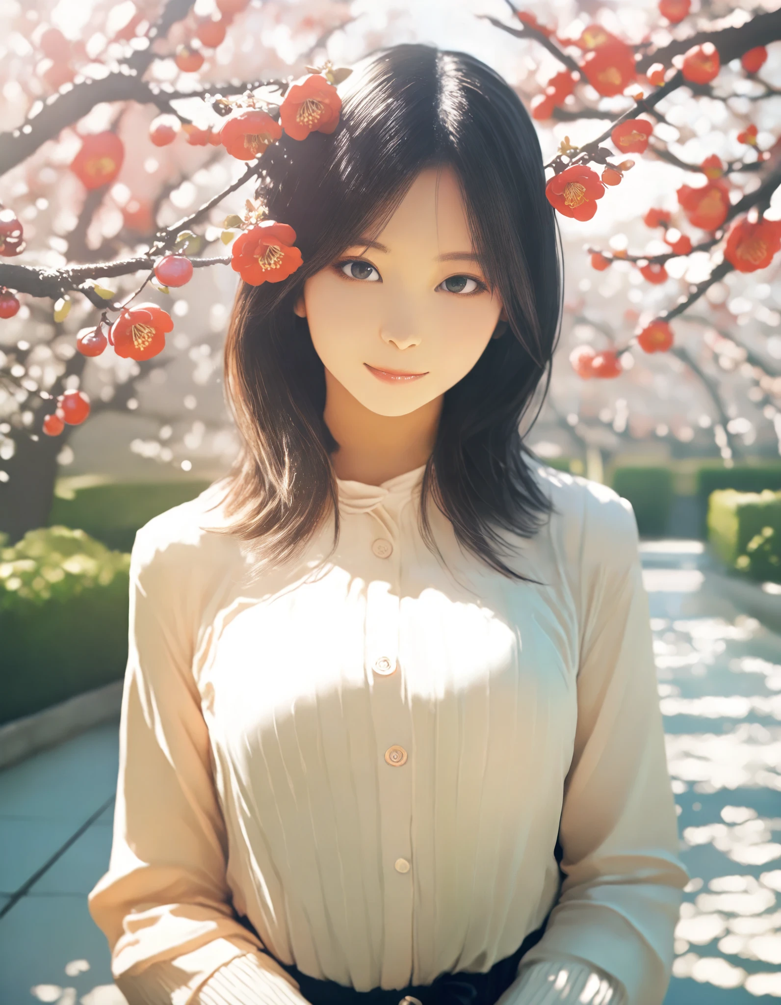 masterpiece, high score, great score, absurdres, 16k, Ultra detailed, (photorealistic : 0.75), 1girl, green park, plum blossoms, casual clothes, year 2016, upper body