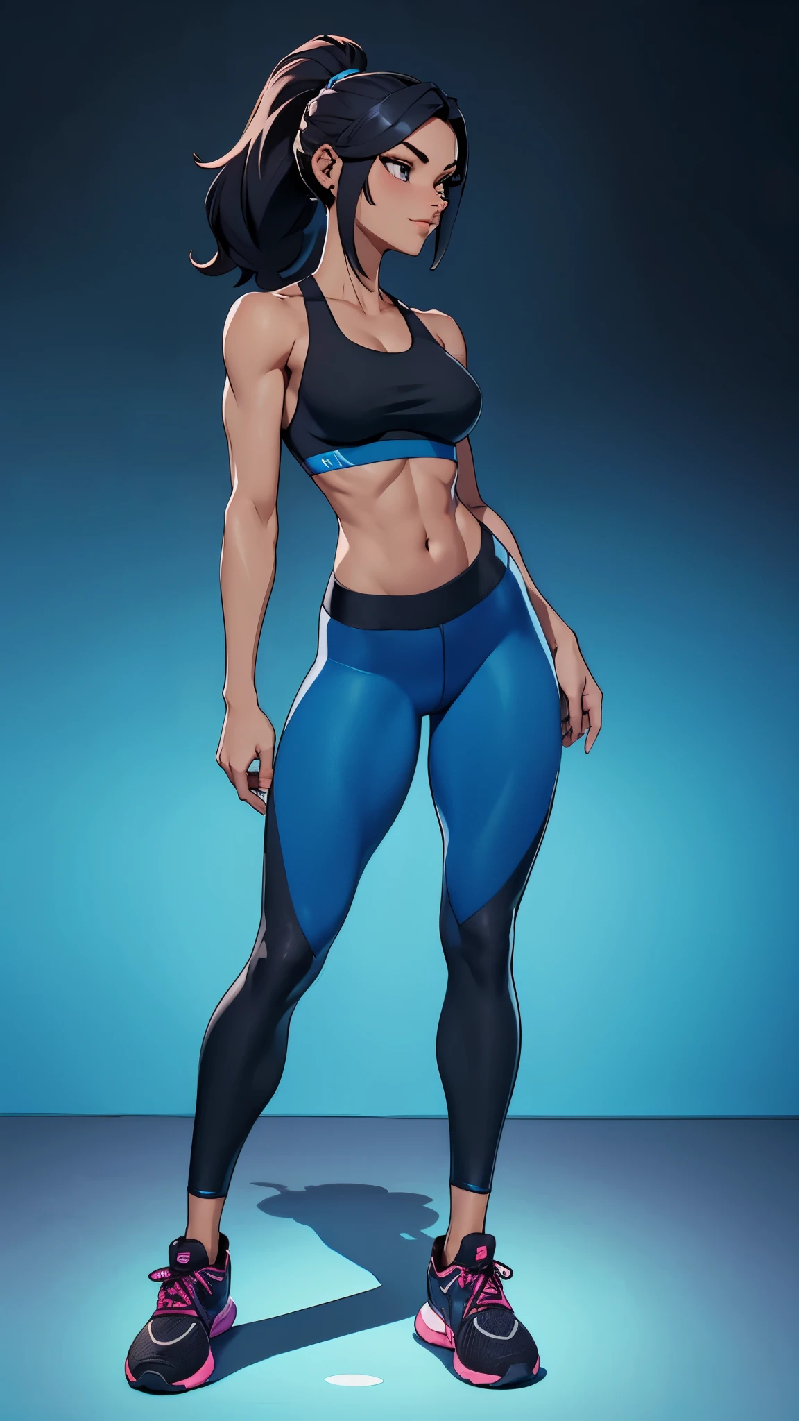 Full body image of Gwen Tennyson from Ben 10: Alien Force, full body in image, wearing her original outfit (blue top with a white collar, black pants, and black shoes, with red hair), long hair, female body, slender and athletic body, dynamic pose, detailed pose, simple background, expressive face, focus on face, line art, sketch