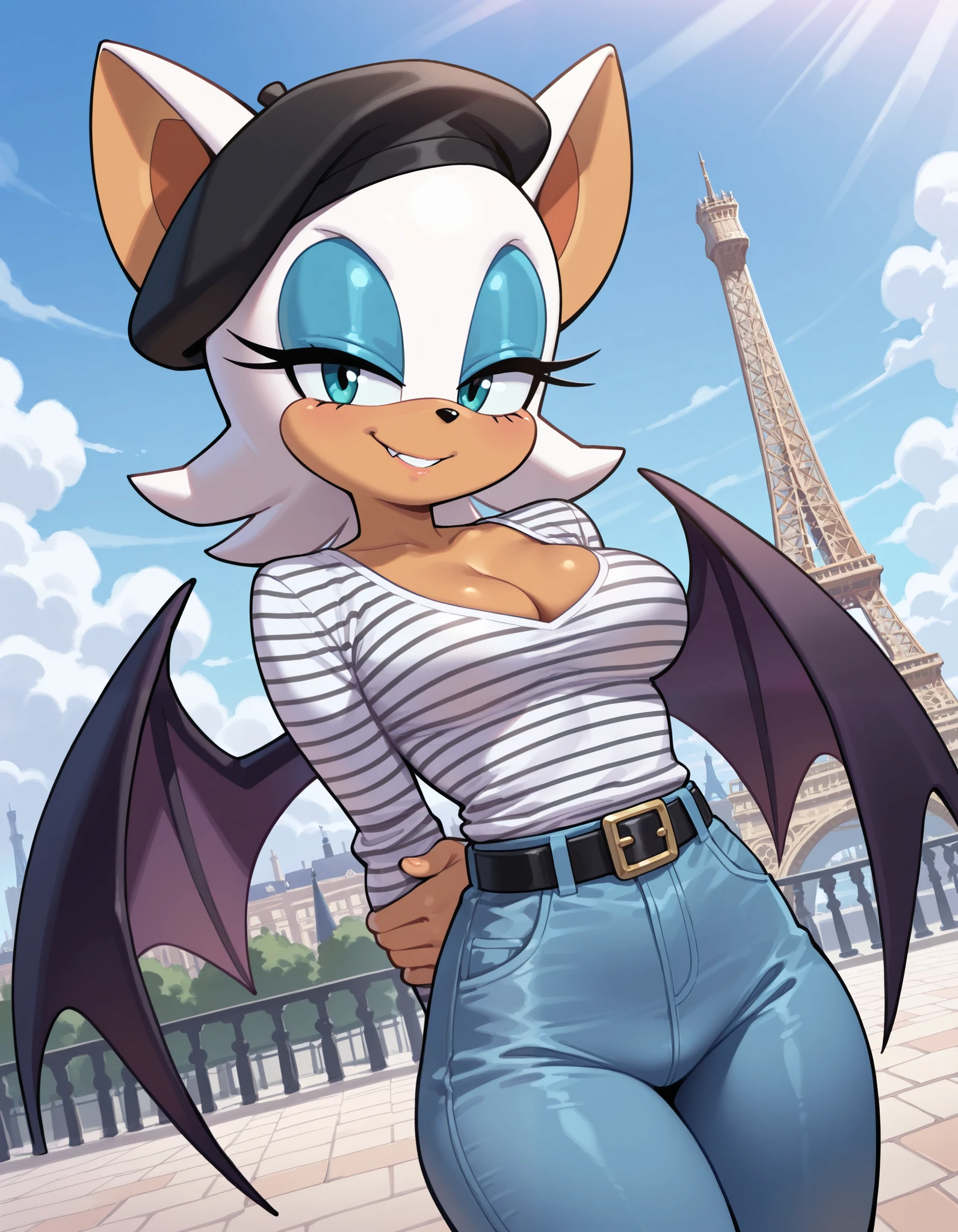 masterpiece, best quality, amazing quality, very aesthetic, absurdres, source furry, ((Rouge the bat)), ((short body)), half closed eyes, cyan eyes, blue eye makeup, (looking at viewer), bare hands, tight black and white striped mime shirt, long sleeves, tight blue pants, belt, french black beret, (bat wings), medium breasts, deep cleavage, smile, happy, standing, hands behind back, outdoors, Paris, Eiffel tower background, looking at viewer, dutch angle, cowboy shot