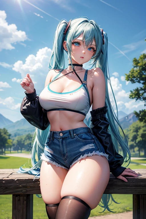 (Masterpiece), (Best Quality), (4k resolution), (Anatomy; perfect), Personaje Hatsune Miku, 1 Adult Girl, clear skin, Blue eyes, (big blue fur), (Locks, hits), by the knotted sides, (light effects on hair), Eyebrow, nose, ear, boca, lips, cropped blouse, denim shorts, tight stockings, (big chest), (perfect belly), (perfect waist), thick legs, thick thigh, background landscape, in the park, beautiful day, Turning on, looking at the viewer