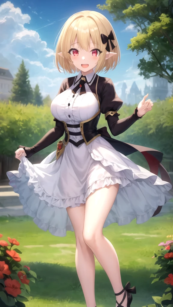 A girl in a black bikini、Wearing a hat，masterpiece, best quality) detailed,silver accessories , Blonde ,elegant, Pointed ears ，Black shirt，Black pleated skirt，Ponytail，Waist-length hair，Smile，Star decoration，Lace lace socks，vampire，Lace underwear，Lace stockings，Exposing thighs，（Nurse Clothing），Thorny，body covered with thorns，Rattan，Sea of Flowers