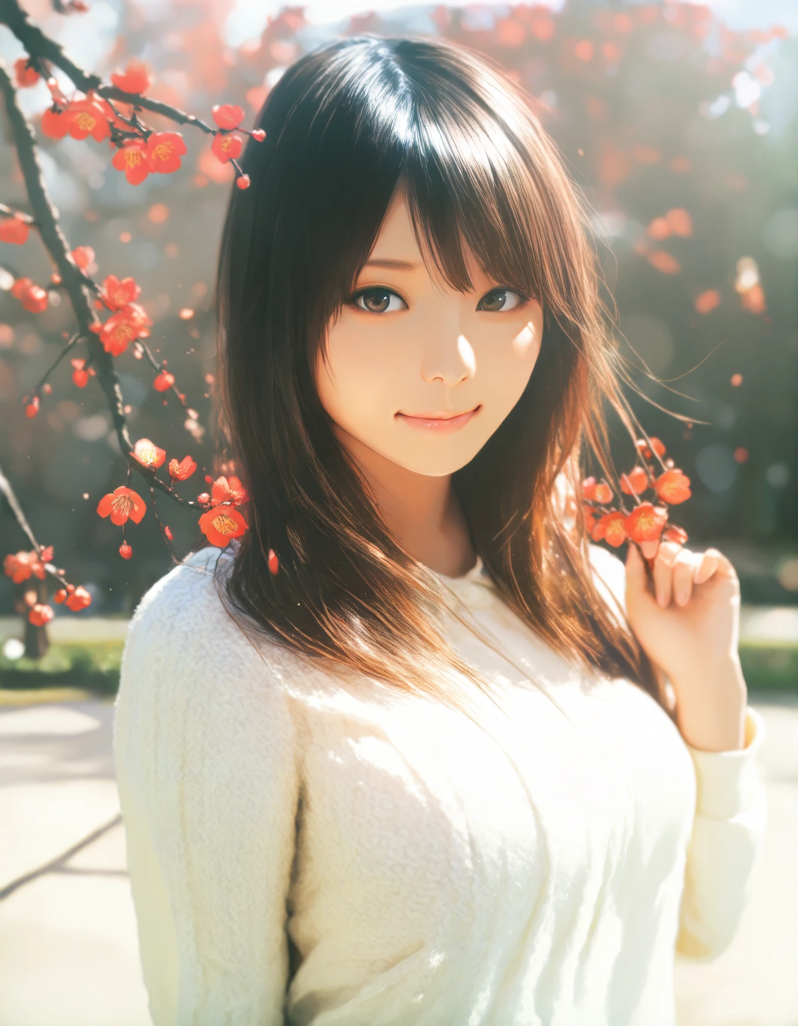 masterpiece, high score, great score, absurdres, 16k, Ultra detailed, (photorealistic : 0.75), 1girl, green park, plum blossoms, casual clothes, year 2016, upper body