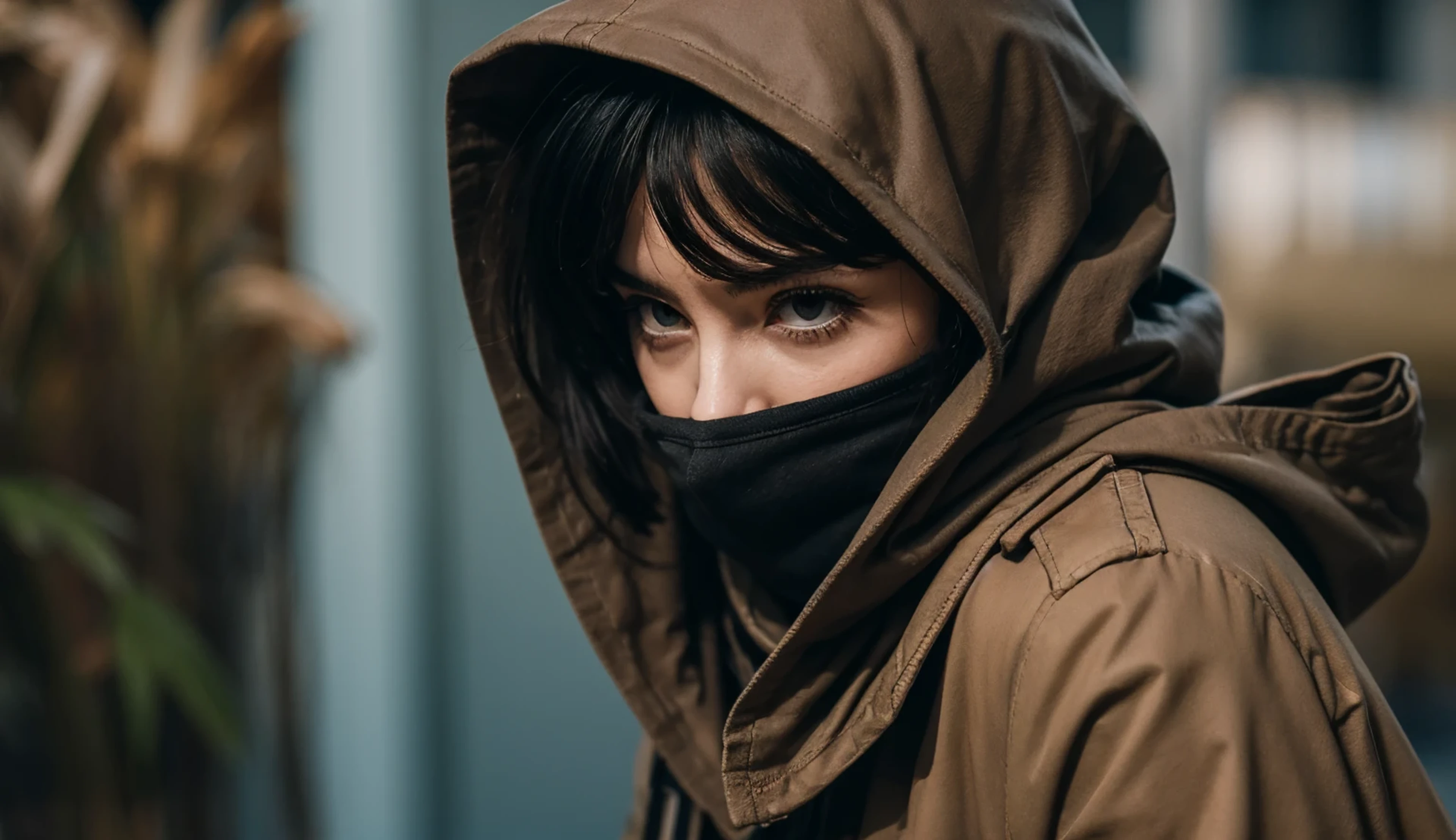 One shot from diagonally behind, A female assassin with a hood over her head and a scarf covering her nose and mouth, Handgun in hand,