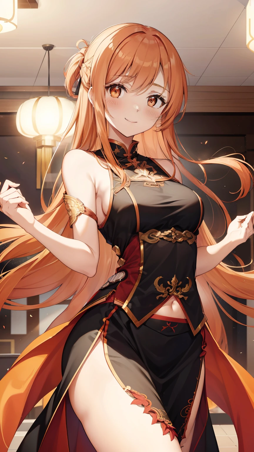 (red ribbon on hairband:1.2),masterpiece, best quality, highres, 1girl, solo, Blonde hair, RED eyes, High resolution, adult woman , good lighting, despicable, , (No nudity), (((China dress))), (()), ((())), (garter belt), abdomen only, (), , cute face,embarrassed and blush, humiliating, ((turn around and look back)), ((See-through))()(T-back)(a large amount of is on the body,)