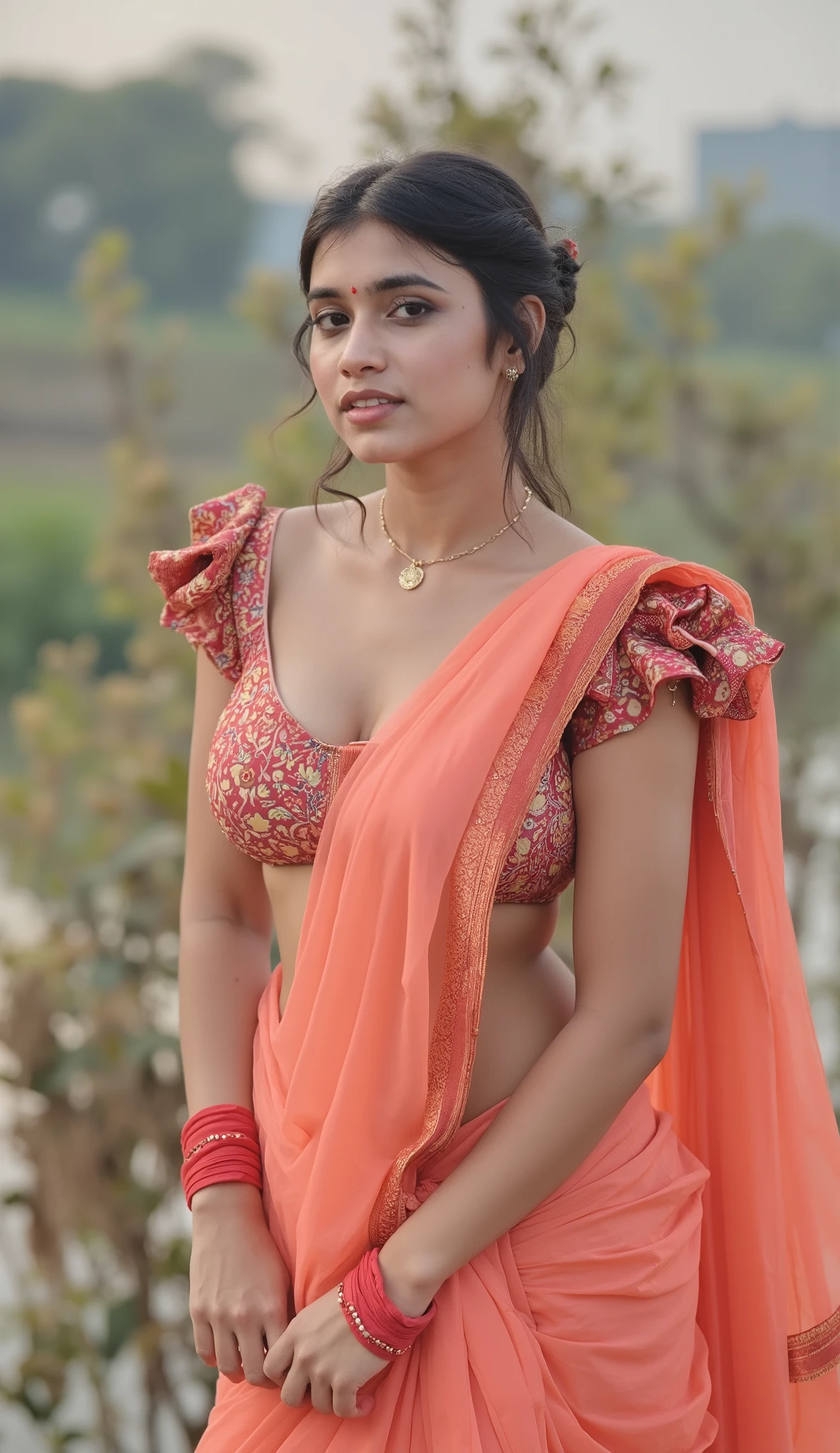 Indian girl showing cleavage by bending down in saree, oversized blouse, erotic, seducing, saree, blouse, sexy facial expressions , indian traditional outfits, boobs valley, closeup photography, prime lens cinematic, professional