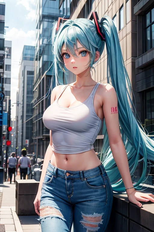 (masterpiece:1.4), (8k, photorealistic, RAW photo, best quality: 1.4), japanese, (1girl), beautiful face, (realistic face:1.4), (blue hair, long hair:1.3), beautiful hairstyle, realistic blue eyes, beautiful detailed eyes, (realistic skin:1.3), beautiful skin, attractive, ultra high res, ultra realistic, highly detailed, golden ratio, (detailed face:1.4), looking at viewer, open white shirt, (realistic medium breasts:1.4), standing, hand on hip, transparent shirt, (braless:1.4), nipples_out, short jeans, shorts, nsfw, city street, dynamic lighting, ponytail,