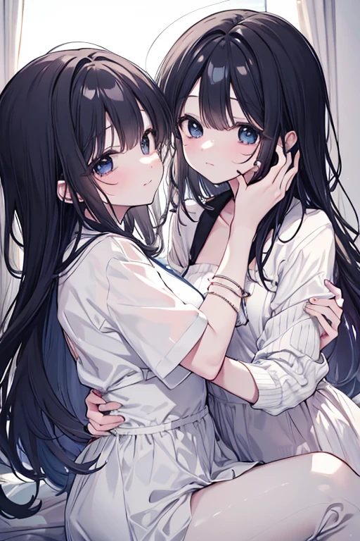 absurdres, RAW photo, extremely delicate and beautiful, masterpiece, Best Quality, ultra high resolution, 32k, hyperrealistic, ultra-detailed, in her 20s, delicate facial features, tearful mole, earring, medium breasts, full body shot, shorter middle hair, black hair, korean school_uniform, summer school_uniform shirt, dress shirt, sleeveless, yuri, 2girls, kissing, hugging,
