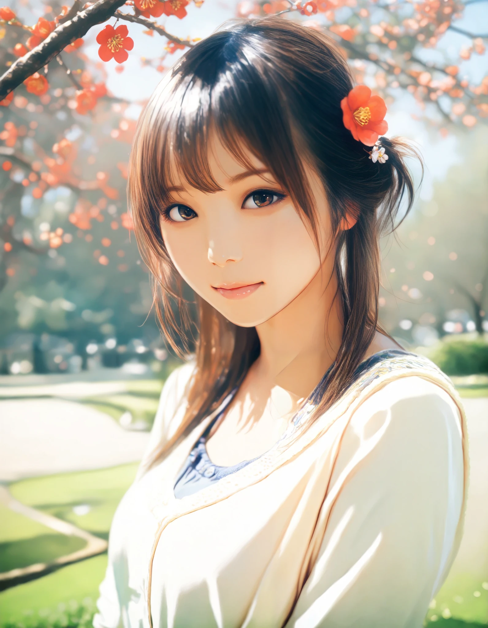 masterpiece, high score, great score, absurdres, 16k, Ultra detailed, (photorealistic : 0.75), 1girl, green park, plum blossoms, casual clothes, year 2016, upper body