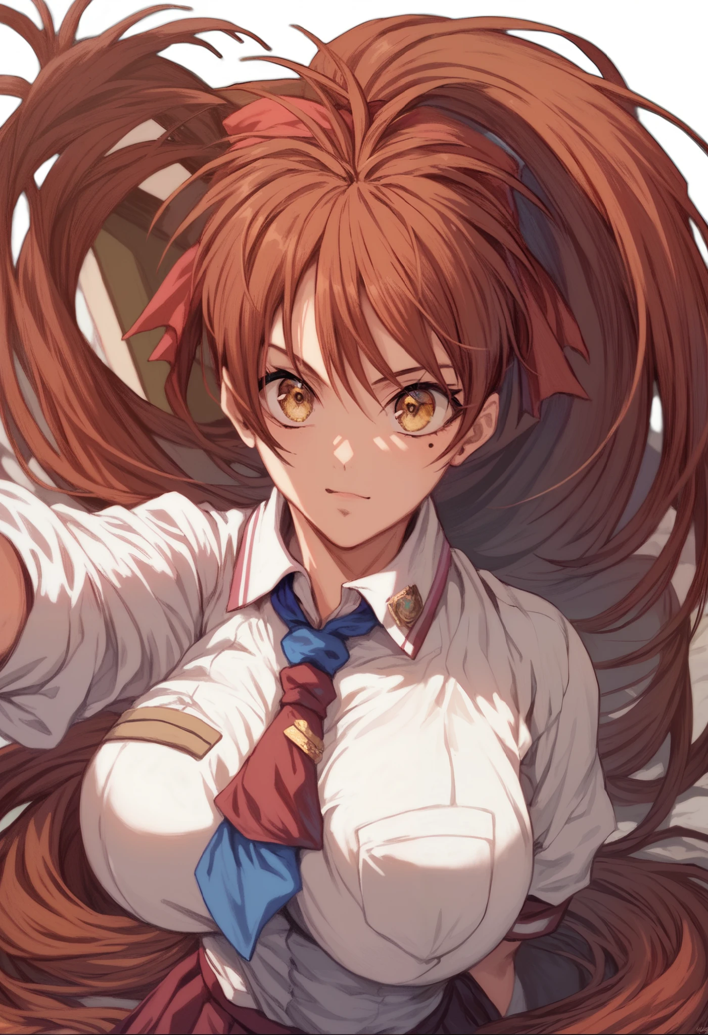 score_9,  score_8_ up,  score_7_ up, ColdscapeDepony, very long hair, brown hair, yellow eyes, big eyes, mole under eye, ponytail, high ponytail, red hair ribbon,large breasts,
school uniform, blue necktie, white shirt, dark red skirt,
 permission scope: