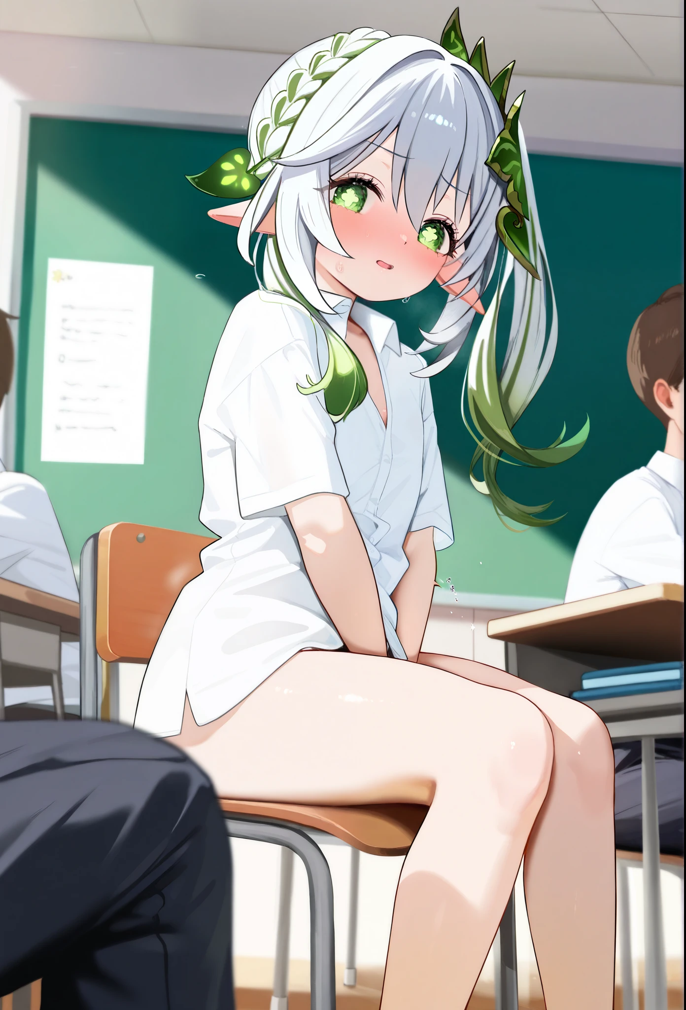 masterpiece, Highest quality, One girl, alone, Cruciform pupil, Cruciform pupil, Green Cape,,whole body,nsfw,Nipples,Small breasts,skirt,nude,topless,Pee,Pussy,sitting,Lori